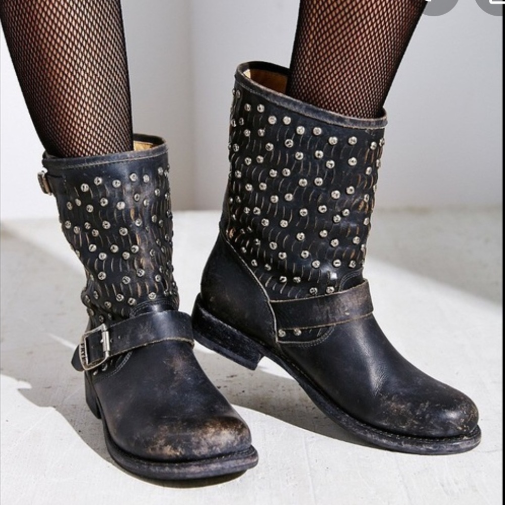 Frye Black Studded Leather Mid-Calf Engineer Boots
